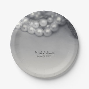 Assiettes En Carton Mariage élégant vintage perles noires et blanches 