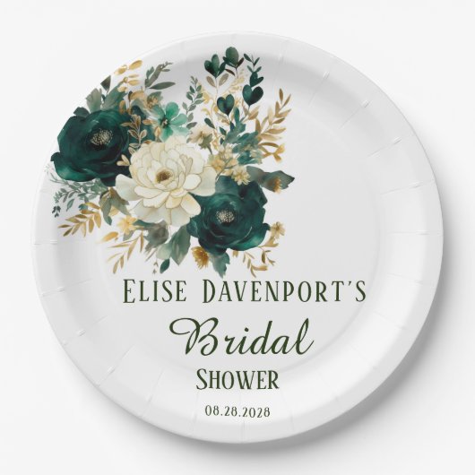 Assiettes En Carton Mariage Emerald Green et White Gold Peonies (Devant)
