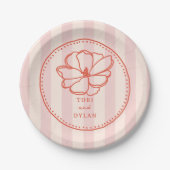 Assiettes En Carton Mariage en bande rose fleur (Devant)