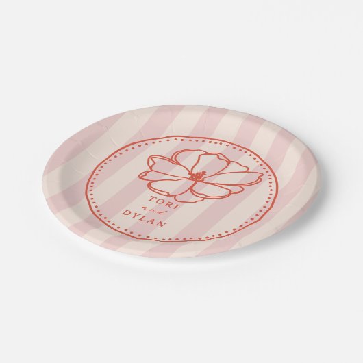 Assiettes En Carton Mariage en bande rose fleur (Angle)