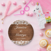Assiettes En Carton Mariage en bois rustique et dentelle blanche (Fête)