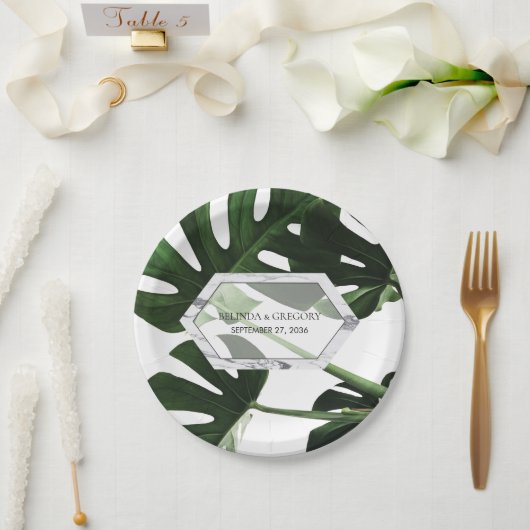 Assiettes En Carton Mariage en marbre tropical Monstera (Mariage)