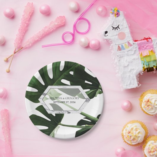 Assiettes En Carton Mariage en marbre tropical Monstera (Fête)