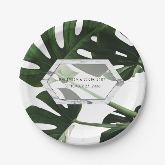 Assiettes En Carton Mariage en marbre tropical Monstera (Devant)