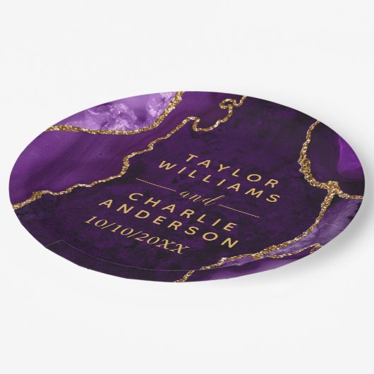 Assiettes En Carton Mariage en marbre violet et or Agate (Angle)