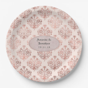 Assiettes En Carton Mariage en Or Rose et Damassé de Rose