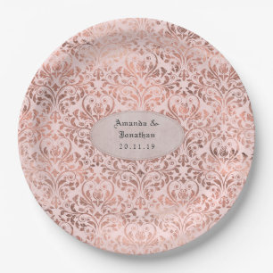 Assiettes En Carton Mariage en Rose Gold et Blush Damask