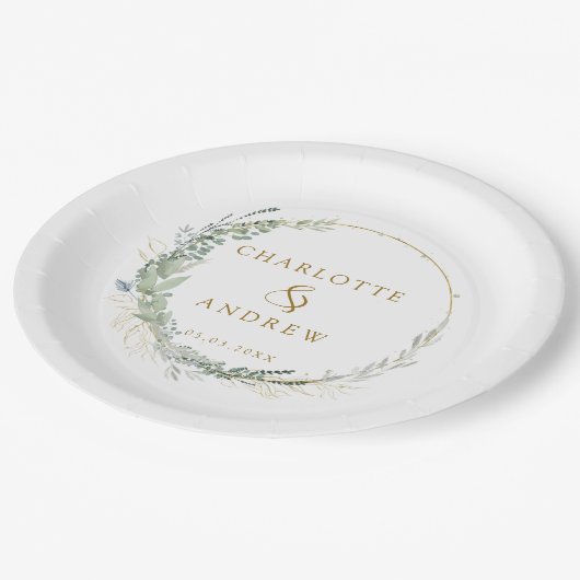 Assiettes En Carton Mariage eucalyptus moderne et élégant (Angle)