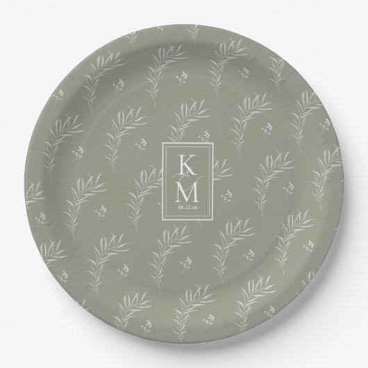 Assiettes En Carton Mariage Eucalyptus Motif Green ID901 (Devant)