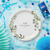Assiettes En Carton Mariage Eucalyptus vert géométrique or (Fête)