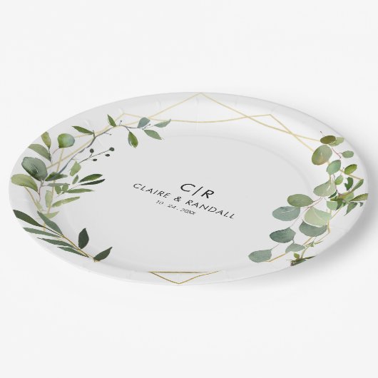 Assiettes En Carton Mariage Eucalyptus vert géométrique or (Angle)