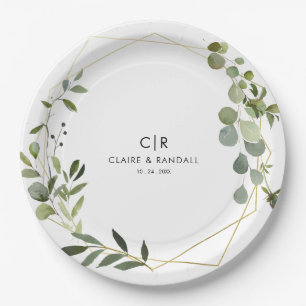 Assiettes En Carton Mariage Eucalyptus vert géométrique or