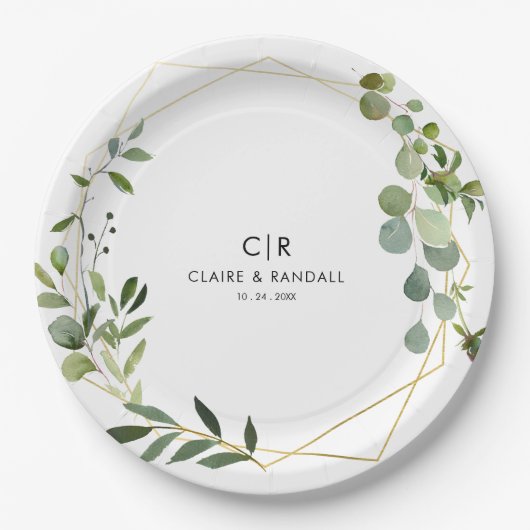 Assiettes En Carton Mariage Eucalyptus vert géométrique or (Devant)