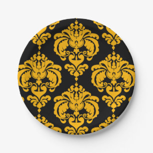 Assiettes En Carton Mariage Événement Fête Vintage Damassé Noir Jaune