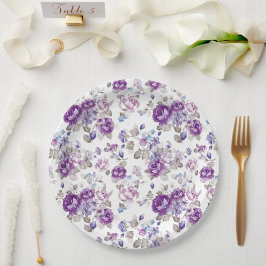 Assiettes En Carton Mariage Fête de Jardin Floral de Roses Violettes L (Mariage)