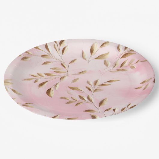 Assiettes En Carton Mariage Feuille Blush Pink Gold (Angle)
