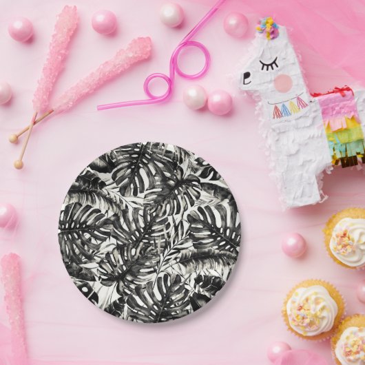 Assiettes En Carton Mariage Feuille de Palme Tropicale Noir & Blanc (Fête)