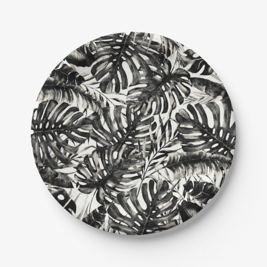 Assiettes En Carton Mariage Feuille de Palme Tropicale Noir & Blanc (Devant)