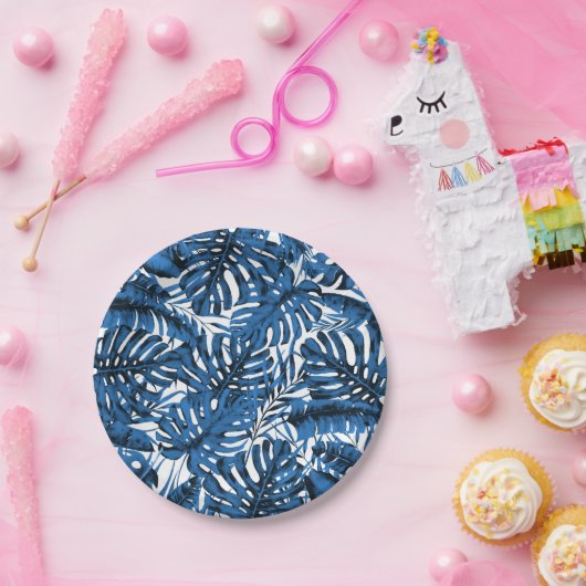 Assiettes En Carton Mariage Feuille  Denim Blue Tropical Palm (Fête)