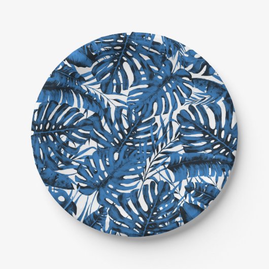 Assiettes En Carton Mariage Feuille Denim Blue Tropical Palm (Devant)