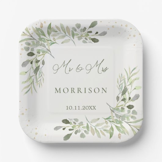 Assiettes En Carton Mariage Feuille du feuillage vert Eucalyptus (Recto)