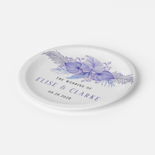 Assiettes En Carton Mariage Feuille Tropical Blue and Purple Palm (Angle)