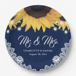 Assiettes En Carton Mariage Fleur de Tournesol en Toile de Jute Bleu M