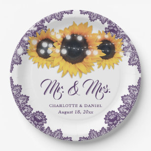 Assiettes En Carton Mariage Fleur de Tournesol Violet Broderie de Dent