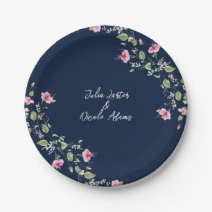 Assiettes En Carton Mariage Fleur d'Hibiscus Rose Bleu Navy Poussiéreu