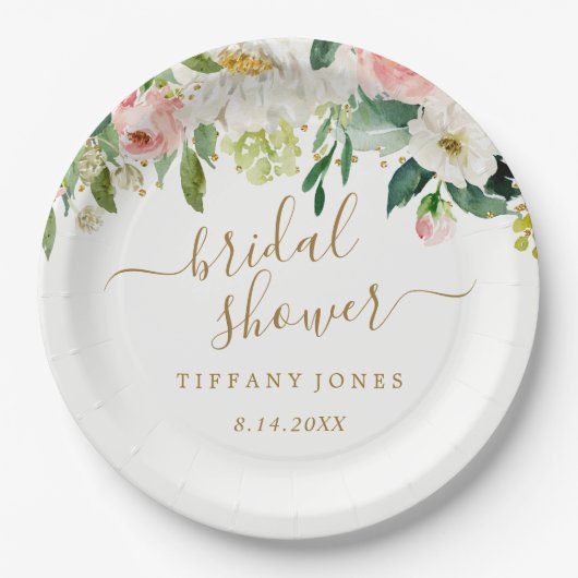 Assiettes En Carton Mariage Fleur Rose Doré Confettis (Devant)