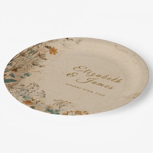 Assiettes En Carton Mariage Fleur sauvage Boho rustique frontière beig (Angle)