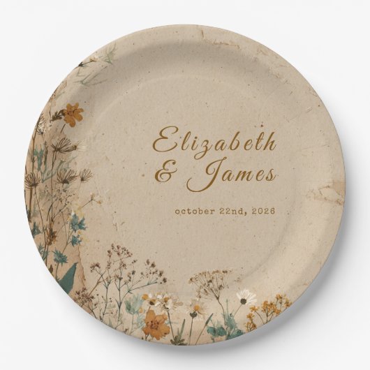 Assiettes En Carton Mariage Fleur sauvage Boho rustique frontière beig (Devant)
