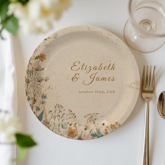 Assiettes En Carton Mariage Fleur sauvage Boho rustique frontière beig