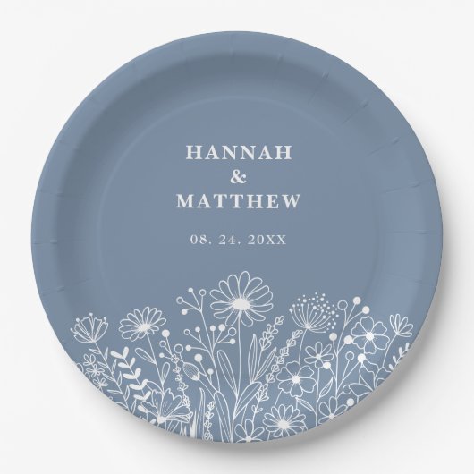 Assiettes En Carton Mariage fleur sauvage Dusty Blue Boho (Devant)