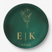 Assiettes En Carton Mariage Fleur sauvage Emerald Green & Gold Monogra (Devant)