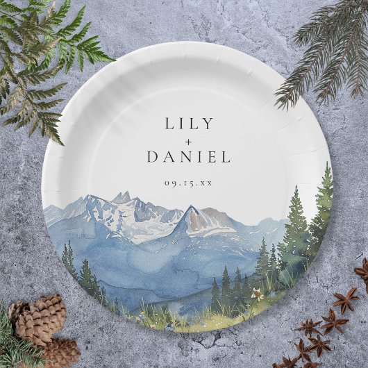 Assiettes En Carton Mariage Fleur sauvage moderne Watercolor Mountain