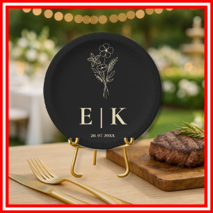 Assiettes En Carton Mariage Fleur Sauvage Noir et Jaune Beurre