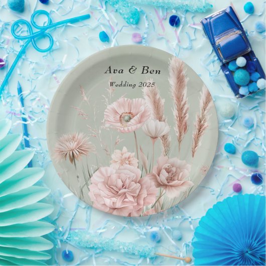 Assiettes En Carton Mariage Fleur sauvage Sage Green et Rose (Fête)