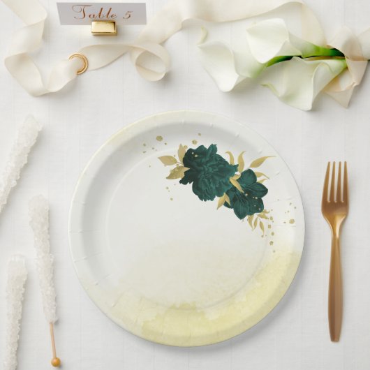 Assiettes En Carton Mariage fleuri en or vert émeraude (Mariage)