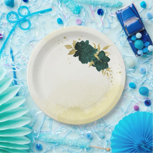Assiettes En Carton Mariage fleuri en or vert émeraude (Fête)