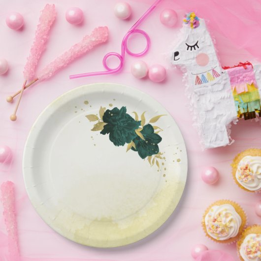 Assiettes En Carton Mariage fleuri en or vert émeraude (Fête)