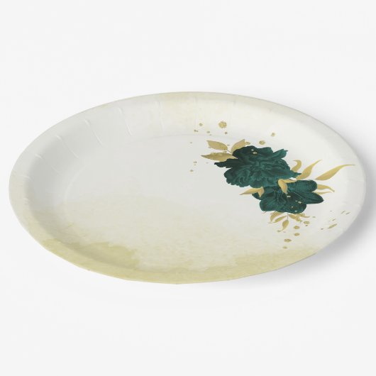 Assiettes En Carton Mariage fleuri en or vert émeraude (Angle)