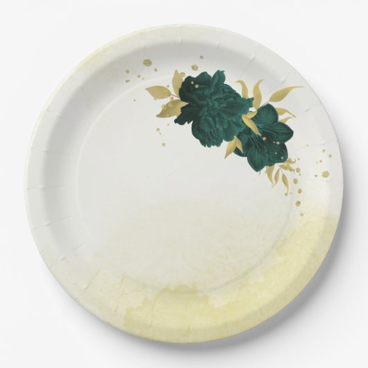 Assiettes En Carton Mariage fleuri en or vert émeraude (Devant)