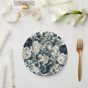 Assiettes En Carton Mariage Fleurie Moderne Bleu Foncé et Blanc