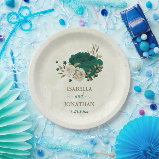 Assiettes En Carton mariage fleurs beige vert émeraude (Fête)