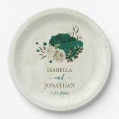 Assiettes En Carton mariage fleurs beige vert émeraude (Devant)
