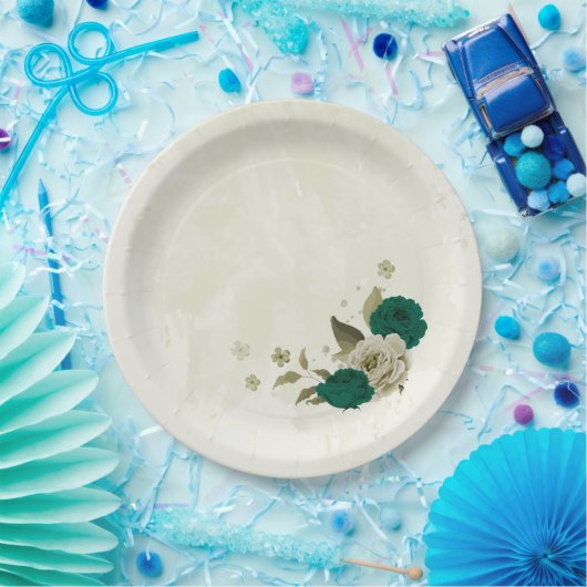 Assiettes En Carton mariage fleurs beige vert émeraude (Fête)