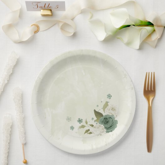 Assiettes En Carton mariage fleurs blanches vert sauge (Mariage)
