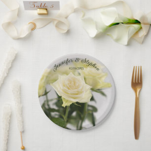 Assiettes En Carton Mariage Fleurs de Rose Blanche Classique Élégante