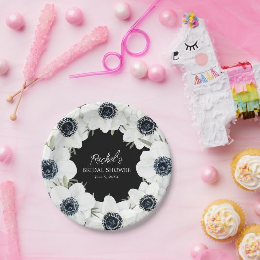 Assiettes En Carton Mariage Fleurs noires et blanches (Fête)